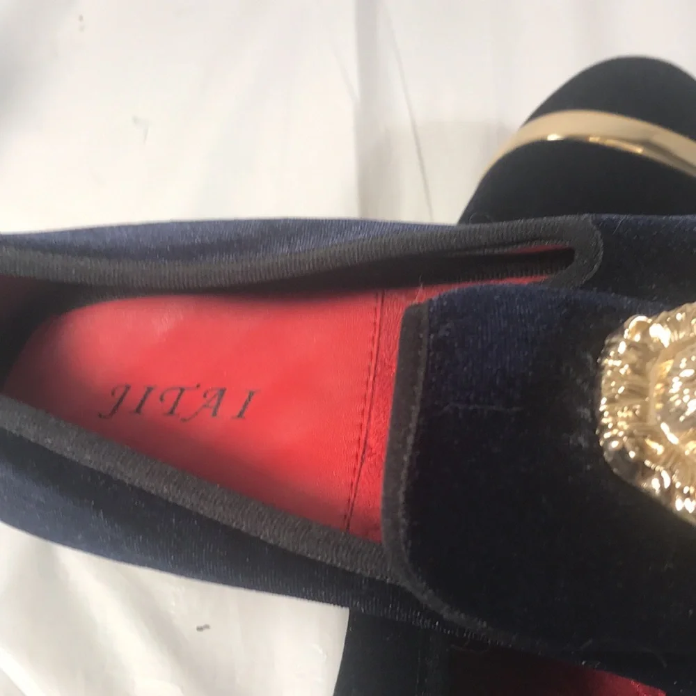 Mens Jitai Penny Blue Velvet Luxury Loafers with Gold Toned Lion & Bar Accents